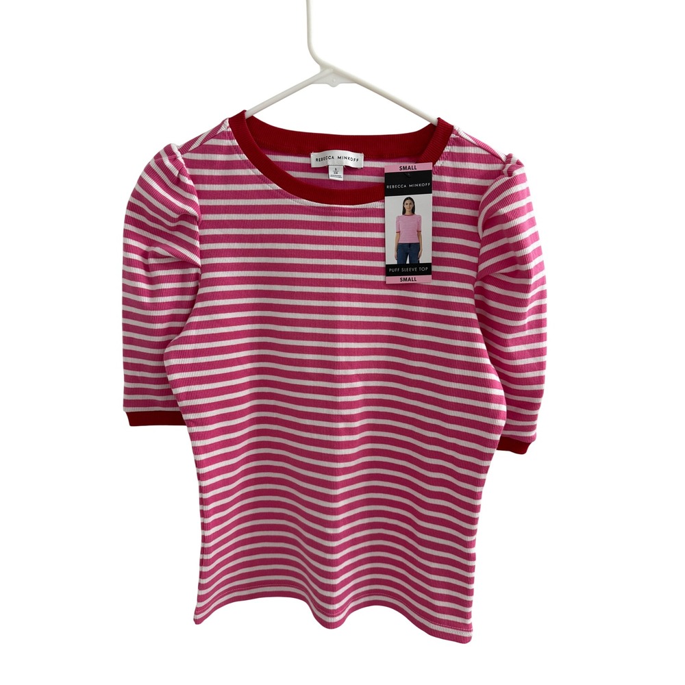 Rebecca Minkoff Pink White Striped Puff Sleeve Ribbed Top Red Trim Small NWT
